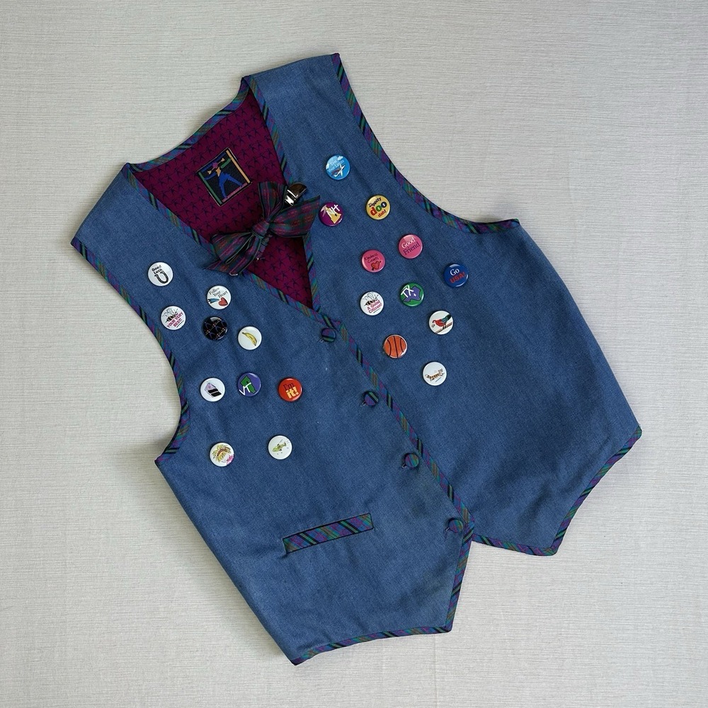 Rare Vtg 90s American Girl Pleasant Company Denim Vest Pins Clip Bow Tie Women S